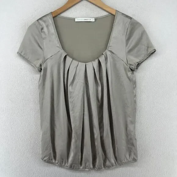 CHAIKEN PROFILE Top 0 XS Stretch Silk Satin Pleated Cap Sleeve Gray Silver USA - Picture 1 of 14